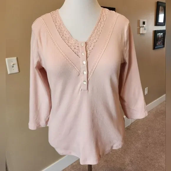 Ralph Lauren 3/4 sleeve Lace trim Henley pale pink - Picture 1 of 6